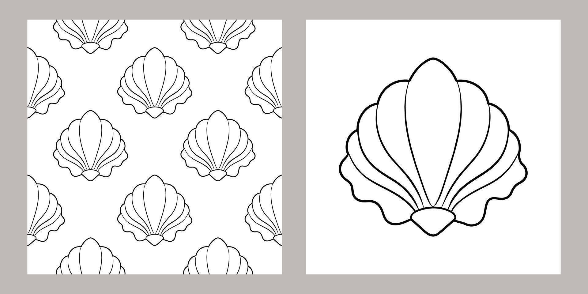 Seamless pattern of sea shells. Black outline of seashells on a white background. Vector