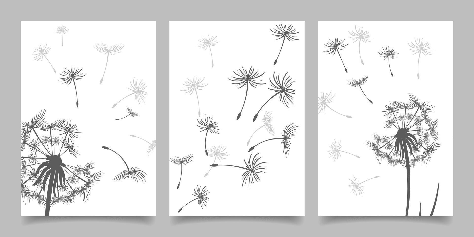 conjunto de tarjetas, carteles con dientes de león negro diente de león semillas mosca en el viento. colección de naturaleza tarjetas vector