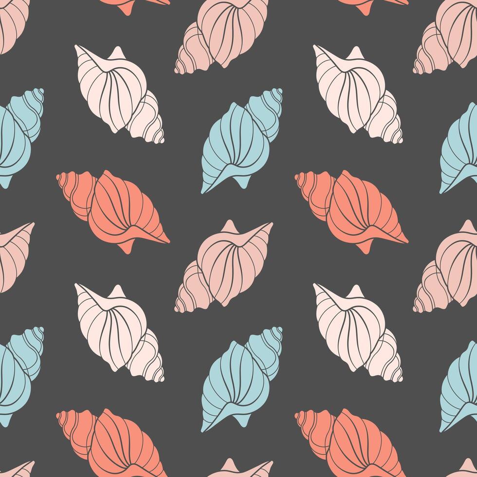 Seamless pattern from seashells. Seashells in pastel colors on a gray background. Vector