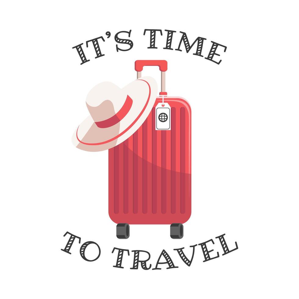 Time to travel calligraphy with travel suitcase and summer hat. Vacation and travel concept. Illustration. Vector