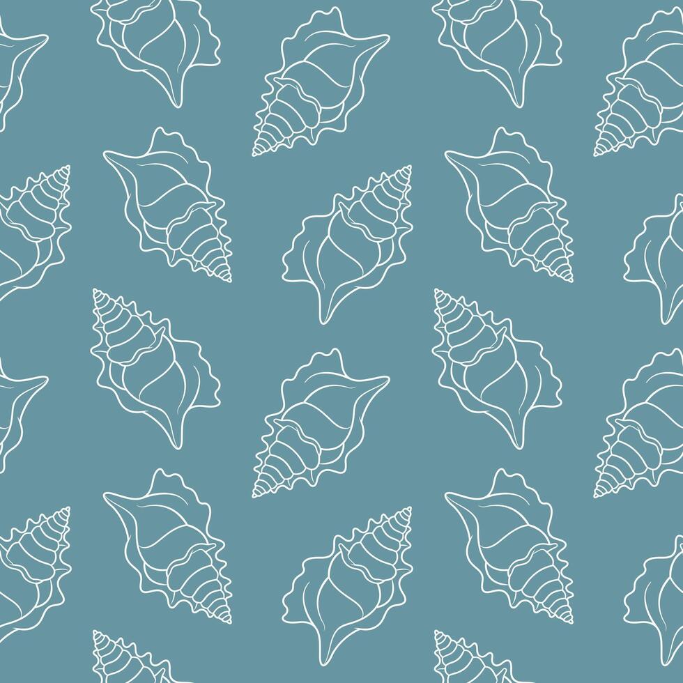 Seamless pattern of seashells. White outline of seashells on a blue background. Vector