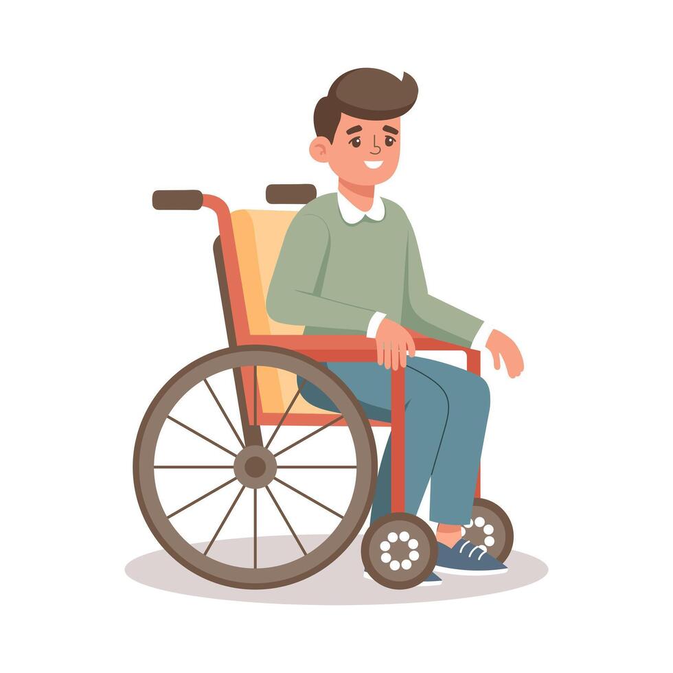 masculino personaje en un silla de ruedas, joven hombre con discapacidades invalidez derechos concepto. ilustración, vector