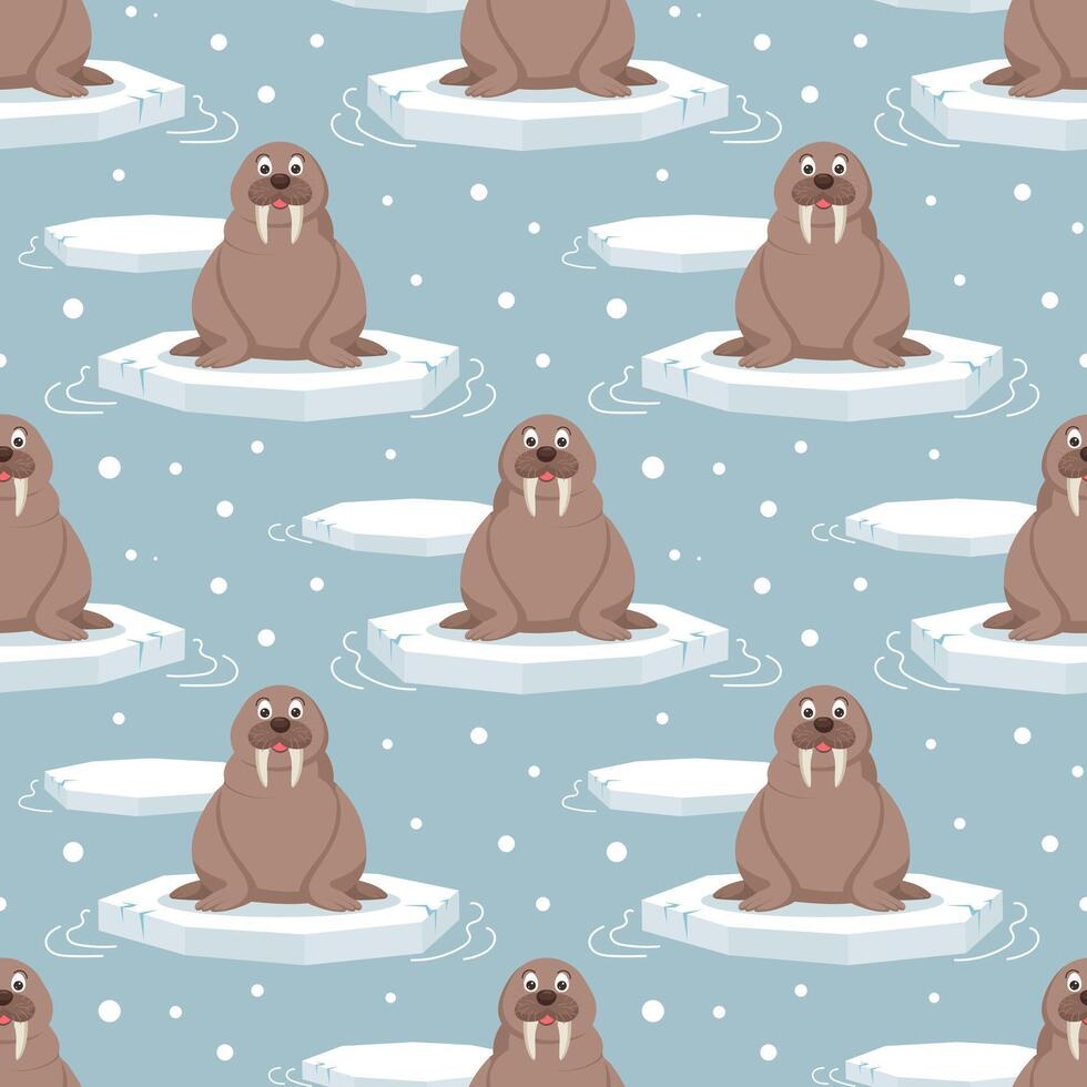 Seamless pattern with cute baby walruses on an ice floe on a blue background. Design for print, textile, fabric. Vector