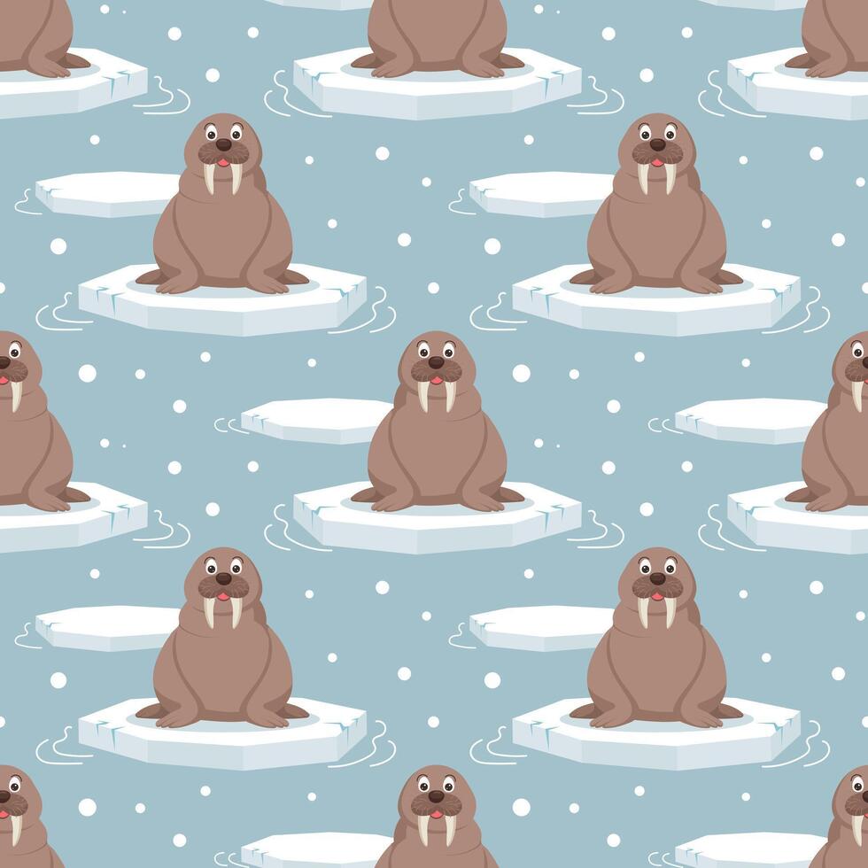 Seamless pattern with cute baby walruses on an ice floe on a blue background. Design for print, textile, fabric. Vector