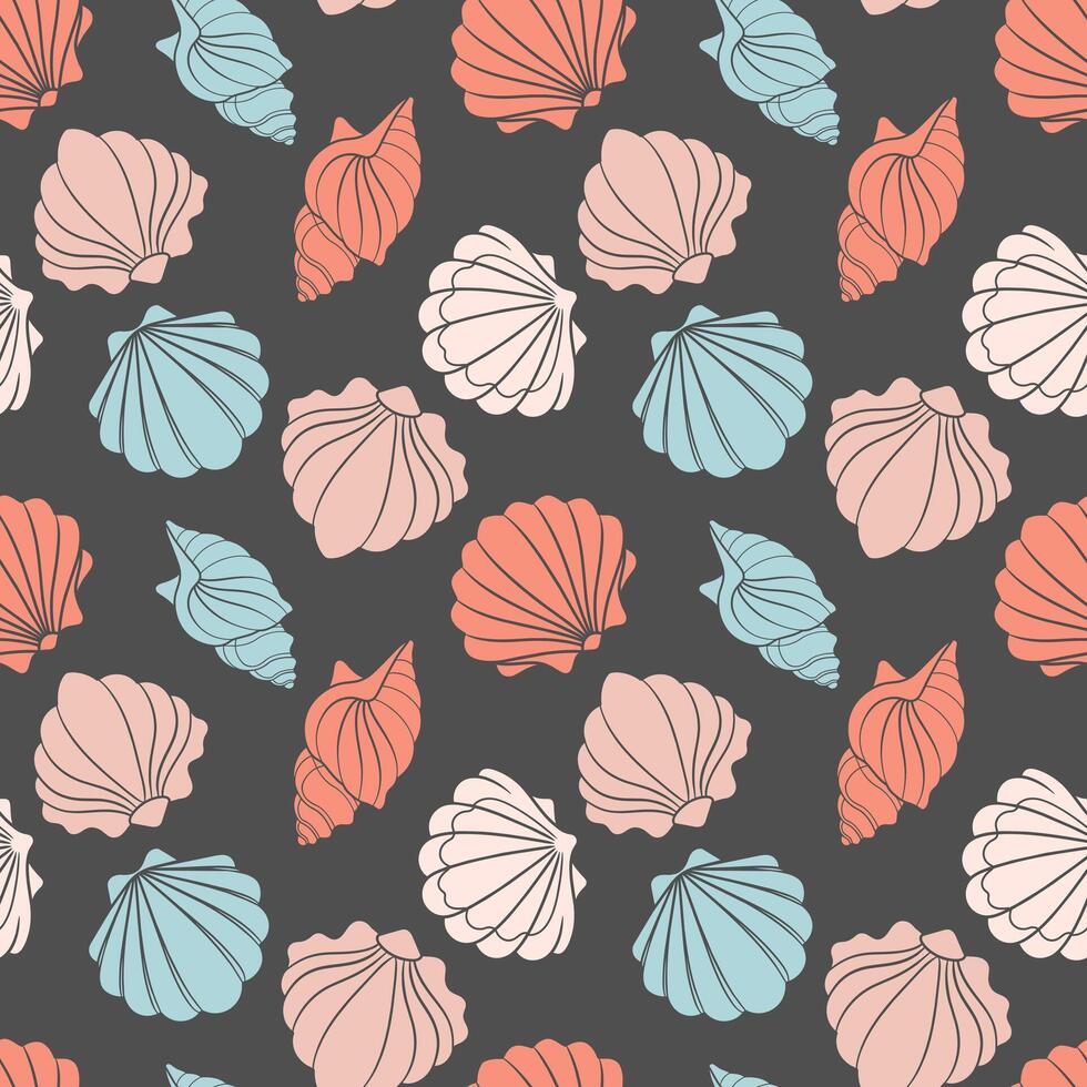Seamless pattern from seashells. Seashells in pastel colors on a gray background. Vector