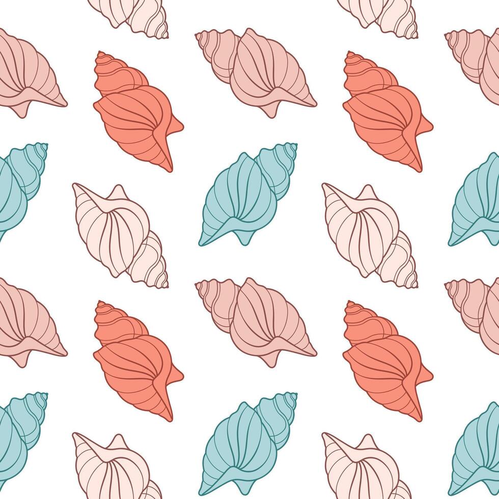 Seamless pattern of sea shells. Seashells of pastel colors on a white background. Vector