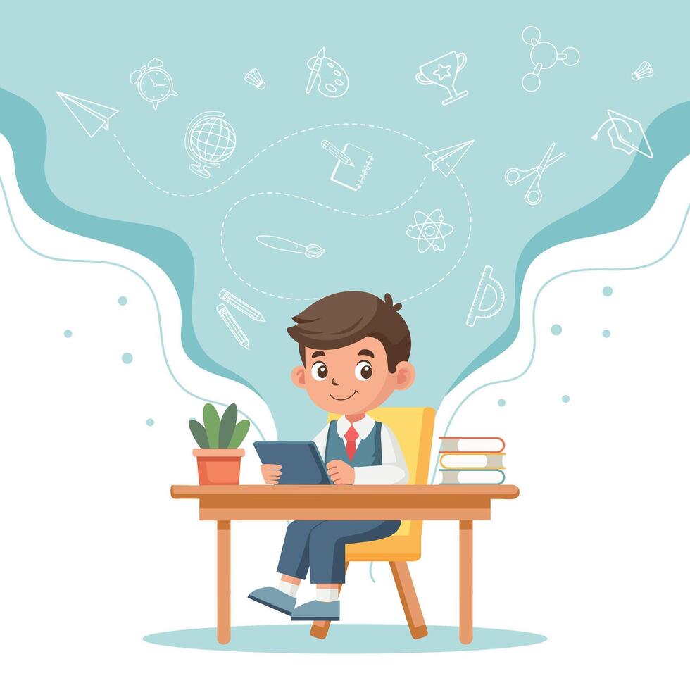 Education concept banner. Cute schoolboy sits at her desk and studies. Illustration, template. Vector