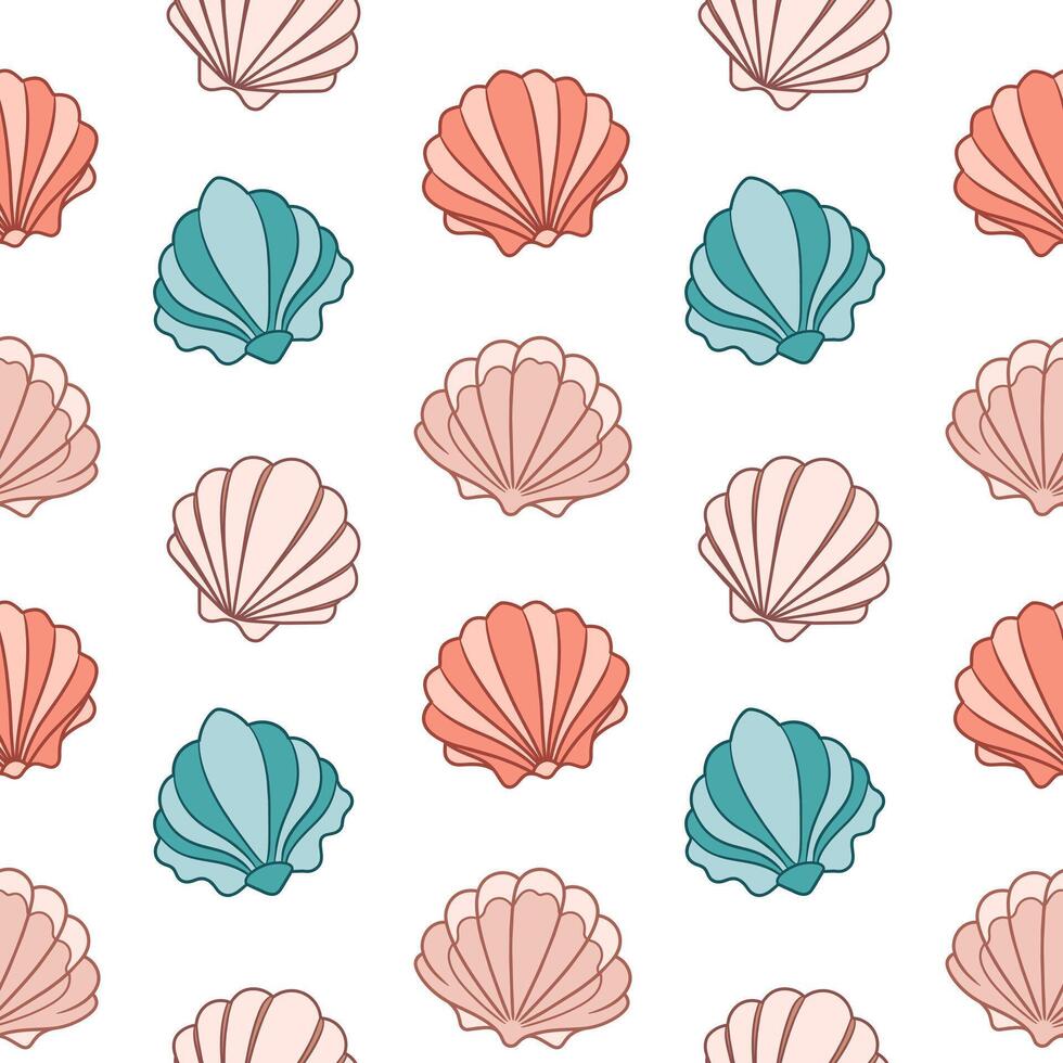 Seamless pattern from seashells. Seashells in pastel colors on a white background. Vector