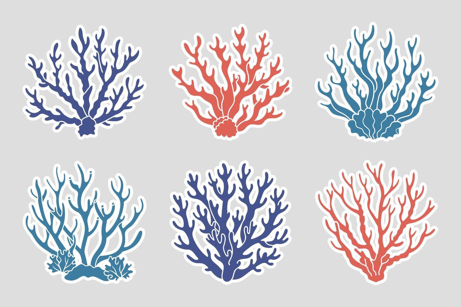 Set of coral reefs or algae, underwater plants. Set of sea coral icons. Stickers, illustration. Vector