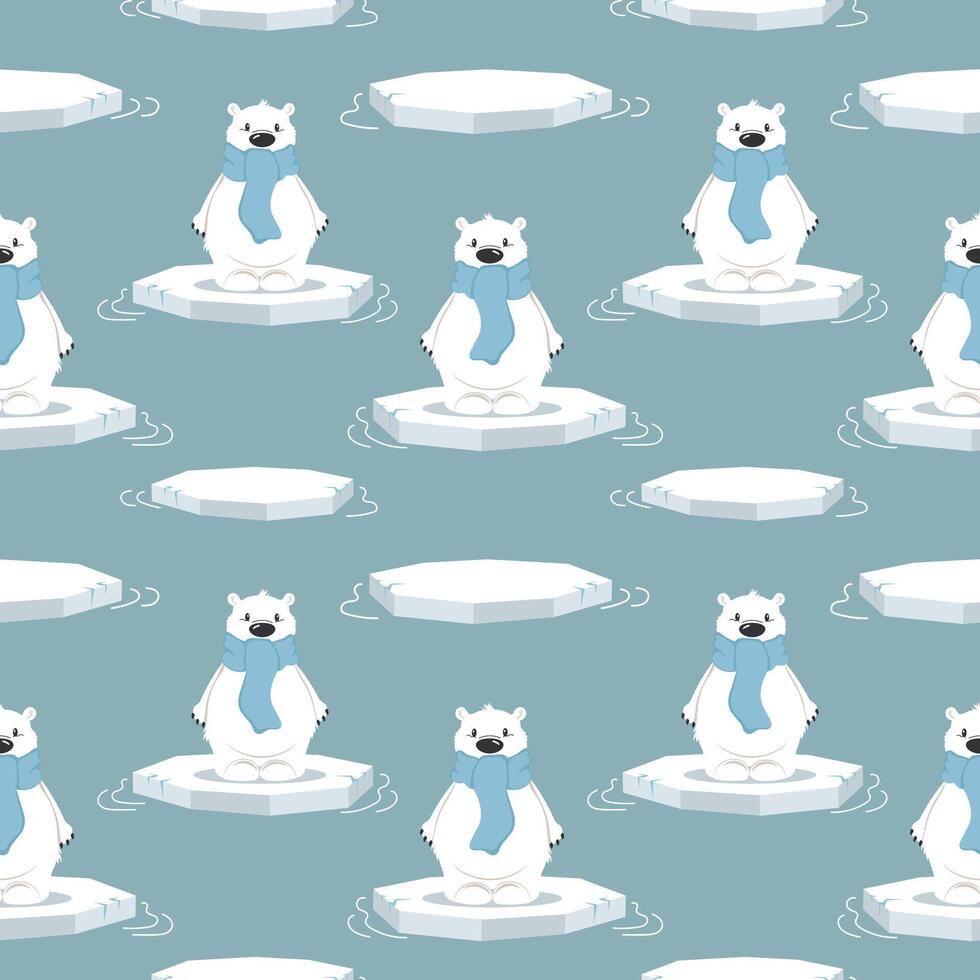 Seamless pattern with cute polar bears on an ice floe on a blue background. Design for print, textile, fabric. Vector