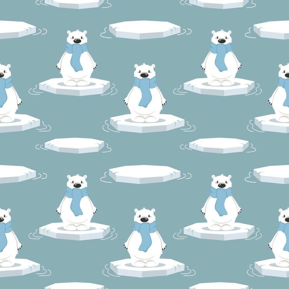 sin costura modelo con linda polar osos en un hielo témpano de hielo en un azul antecedentes. diseño para imprimir, textil, tela. vector