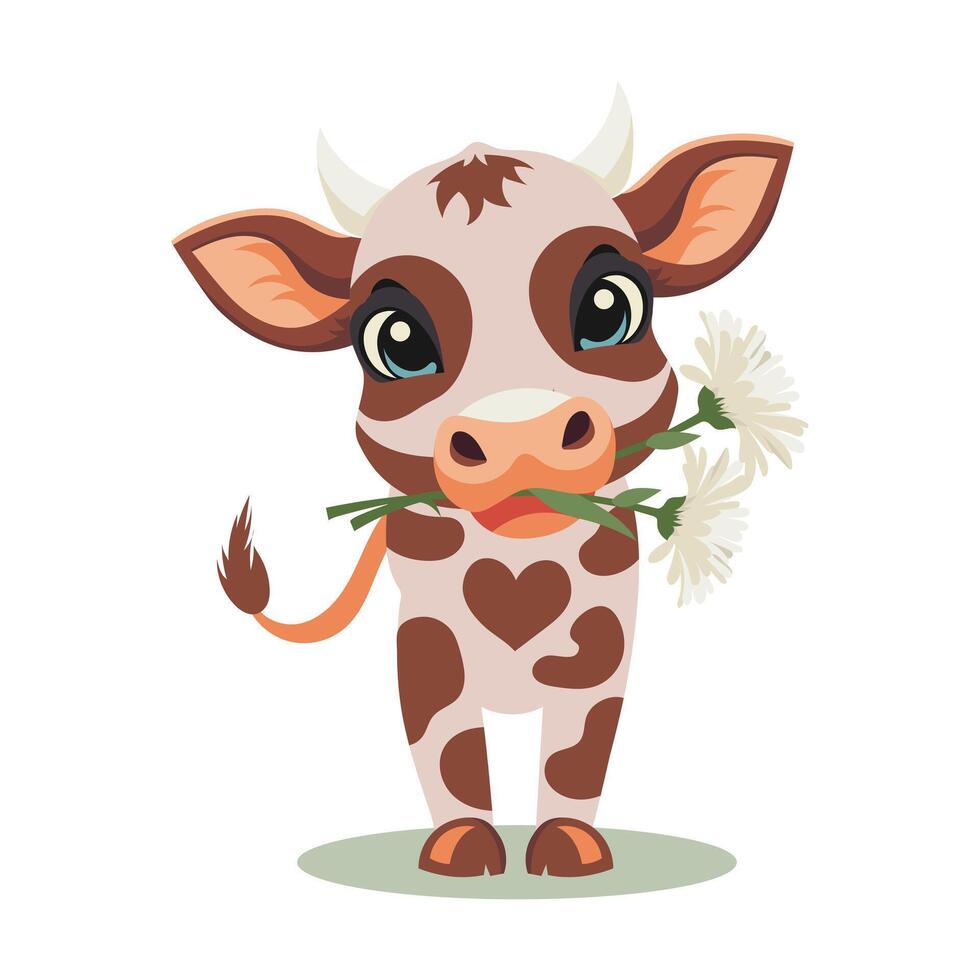 Cute cow with daisies in her mouth on a white background. Design for greeting card. Nursery illustration for baby shower. Vector