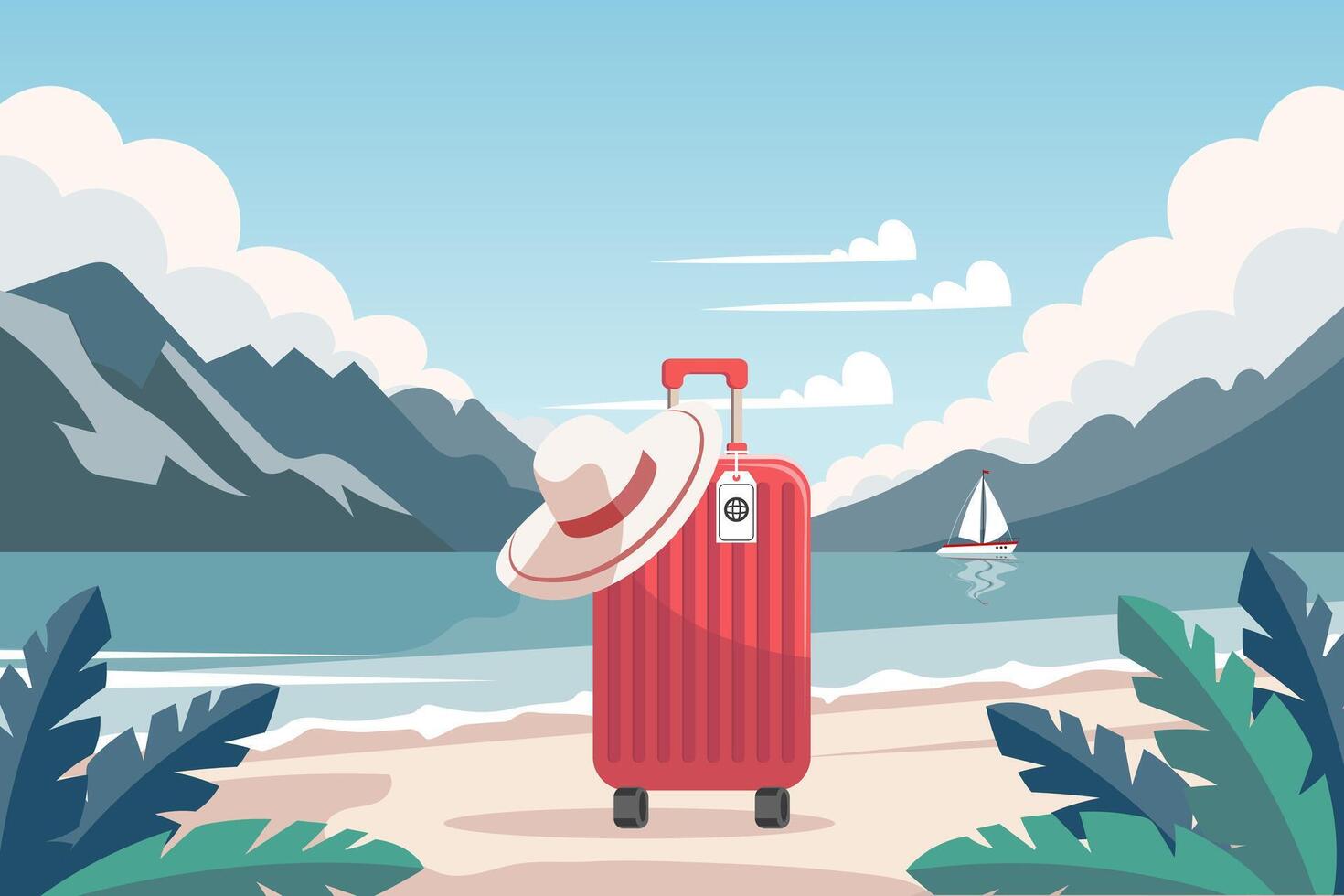 turista maleta y sombrero en el mar playa. marina. tropical fiesta concepto. ilustración. vector