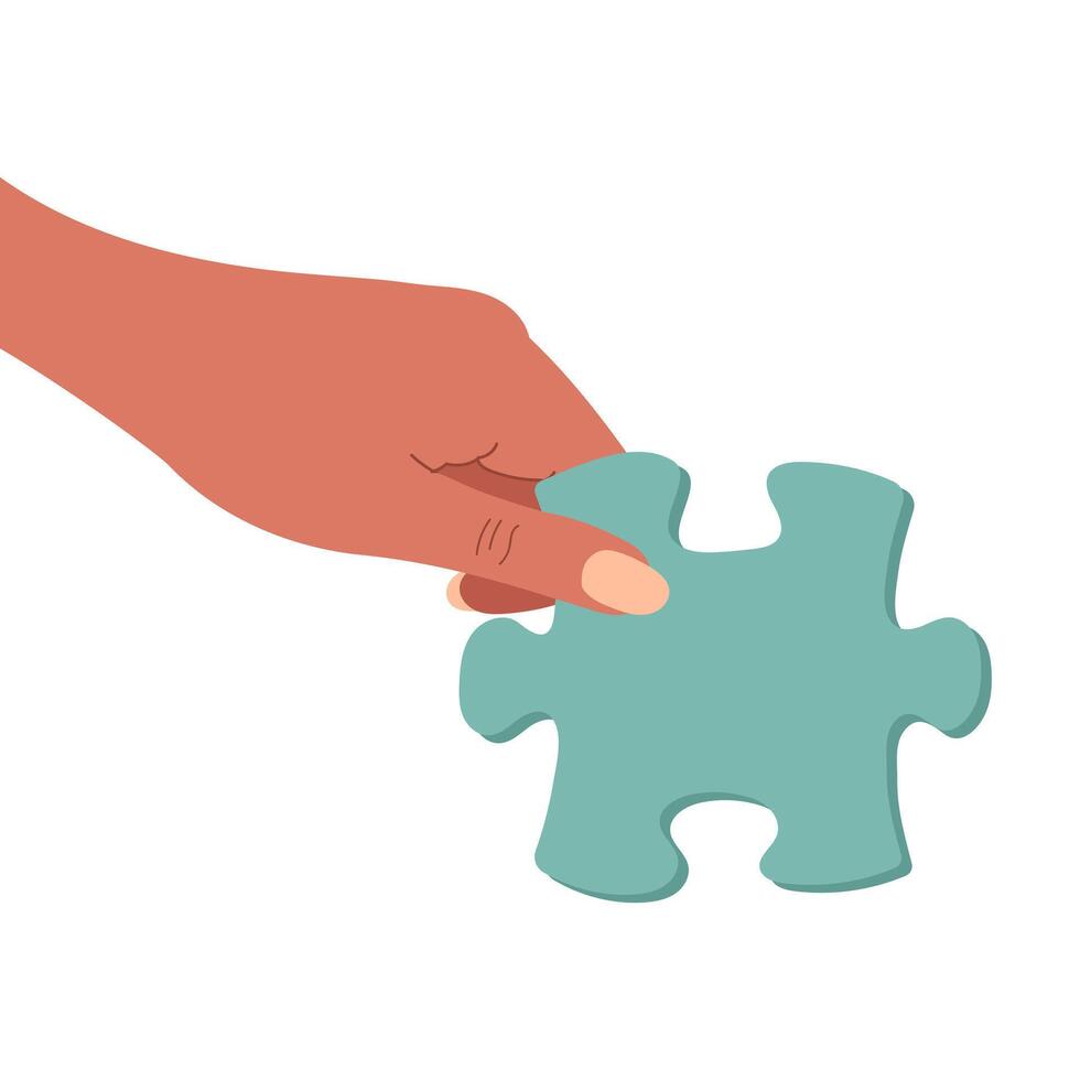 Hand with a puzzle piece. Puzzle pieces symbol of teamwork. Solving a business problem in a puzzle, partnership success. Vector