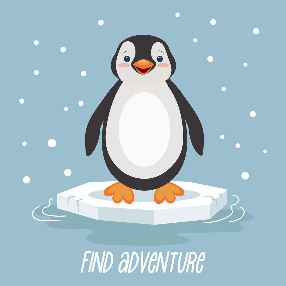 Cute penguin on an ice floe on a blue background with snow. Design for print, children's card, illustration. Vector