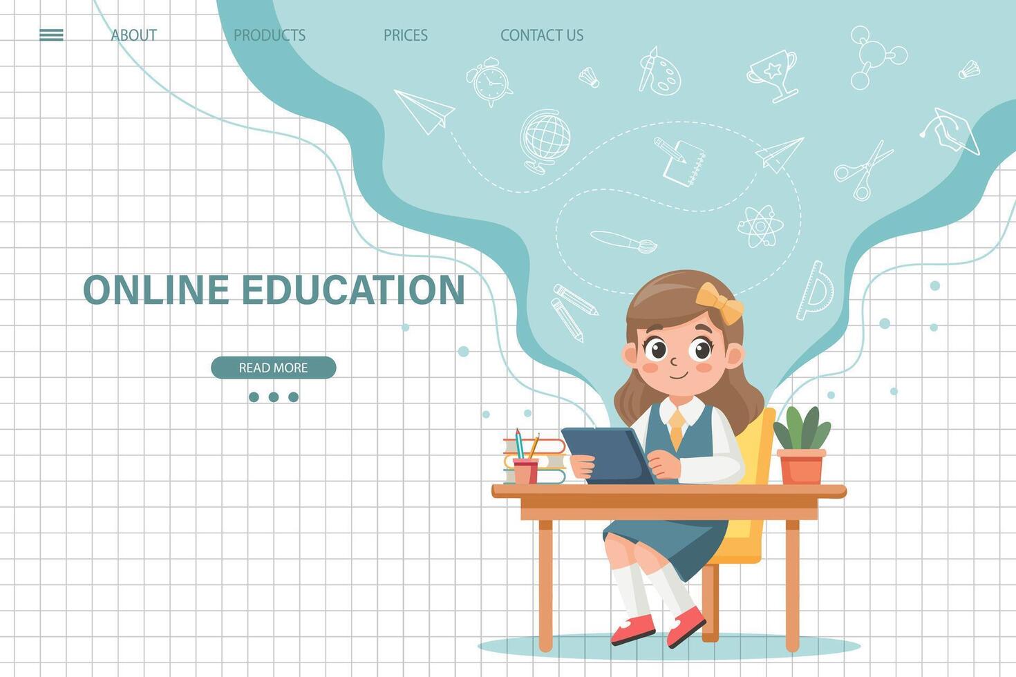 Online education website template. E-learning concept banner. Cute schoolgirl sitting at table and studying online. Illustration, template for landing page. Vector