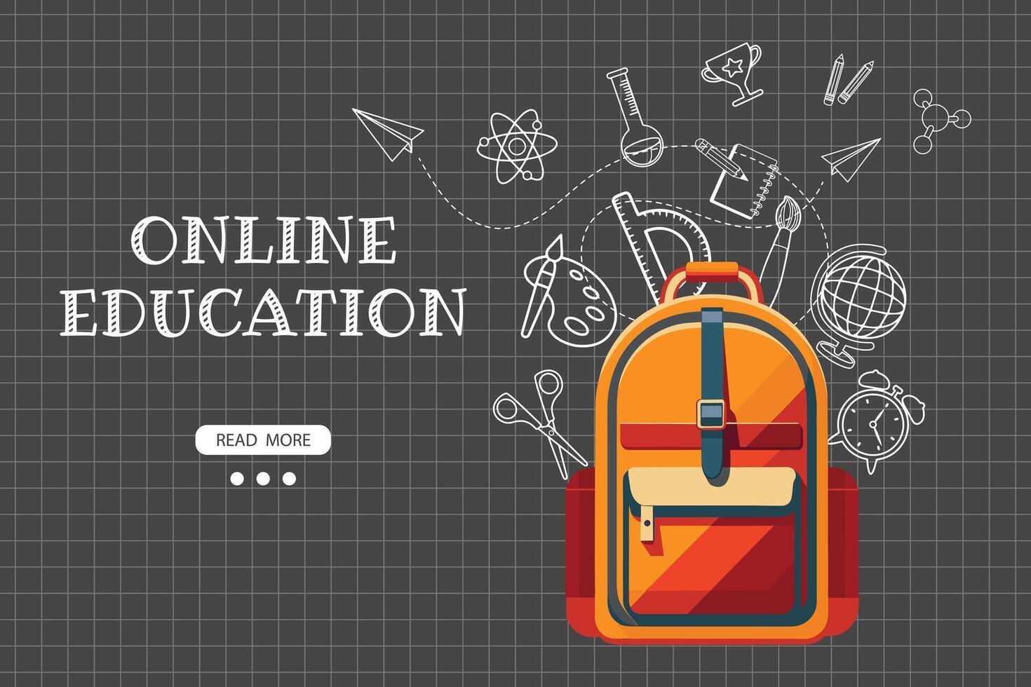 Online learning website template. School backpack with various science icons on a checkered background. Illustration, template for landing page. Vector