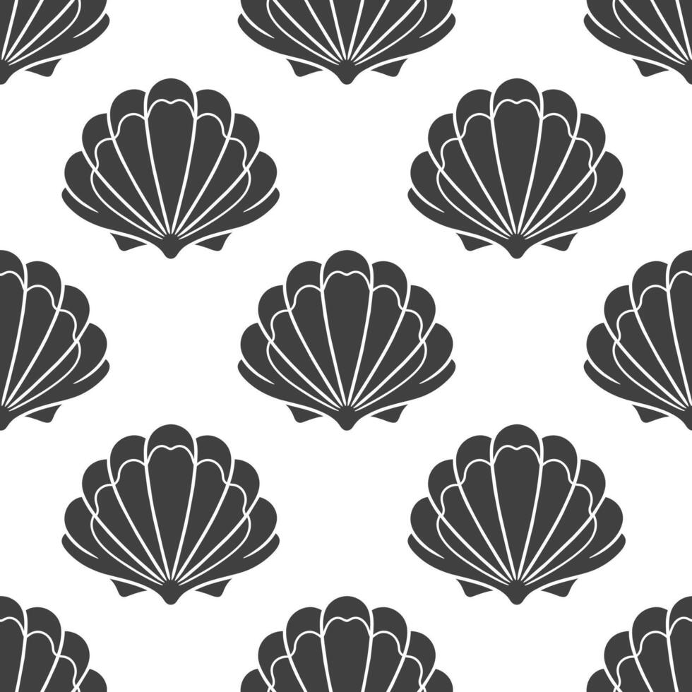 Seamless pattern of scallop seashells. Black silhouette of seashells on a white background. Vector