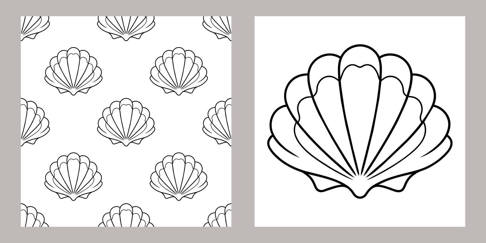Seamless pattern of sea shells. Black outline of seashells on a white background. Vector