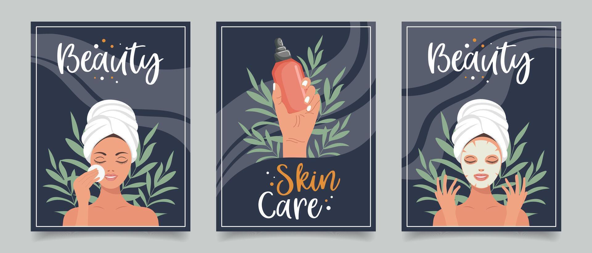 Set of flyers with woman, cosmetics, beauty products. Beauty, skin care, cosmetics, shower concept. Illustration for banner, card, advertising, poster. Vector