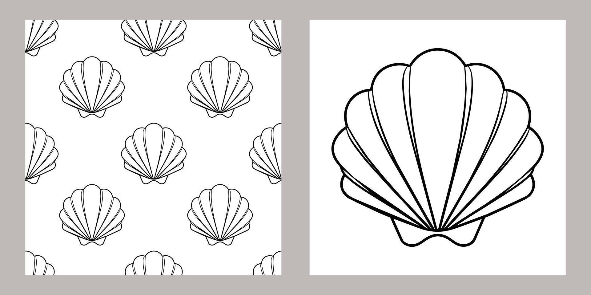 Seamless pattern of sea shells. Black outline of seashells on a white background. Vector