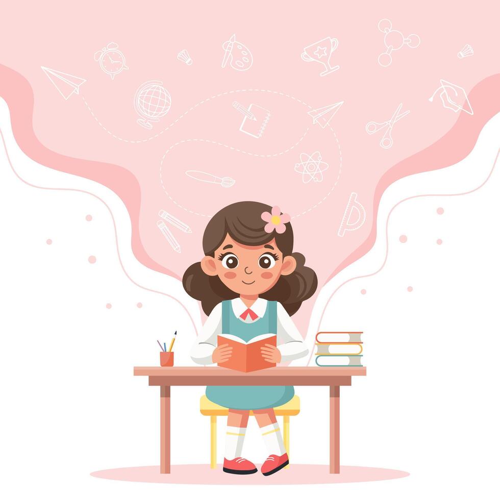 Education concept banner. Cute schoolgirl sits at her desk and studies. Illustration, template. Vector