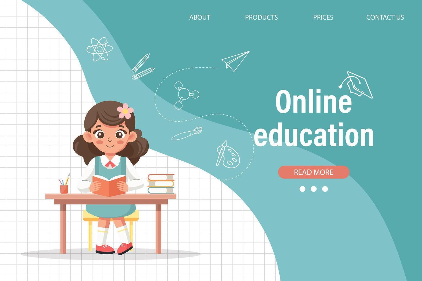 Online education for children. Cute schoolgirl studying, reading at her school desk. Illustration, template for landing page. Vector