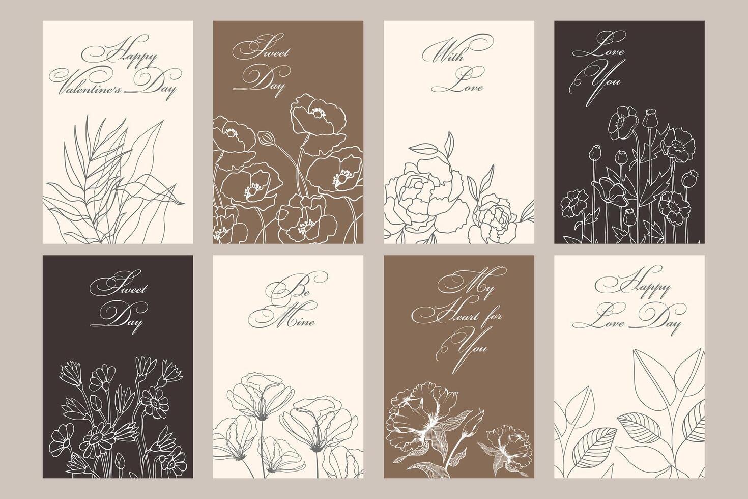 conjunto de botánico tarjetas, carteles lineal flores y plantas en beige colores. plantillas, vector