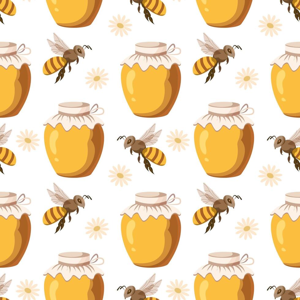 sin costura patrón, miel frascos y abejas. fondo, imprimir, vector
