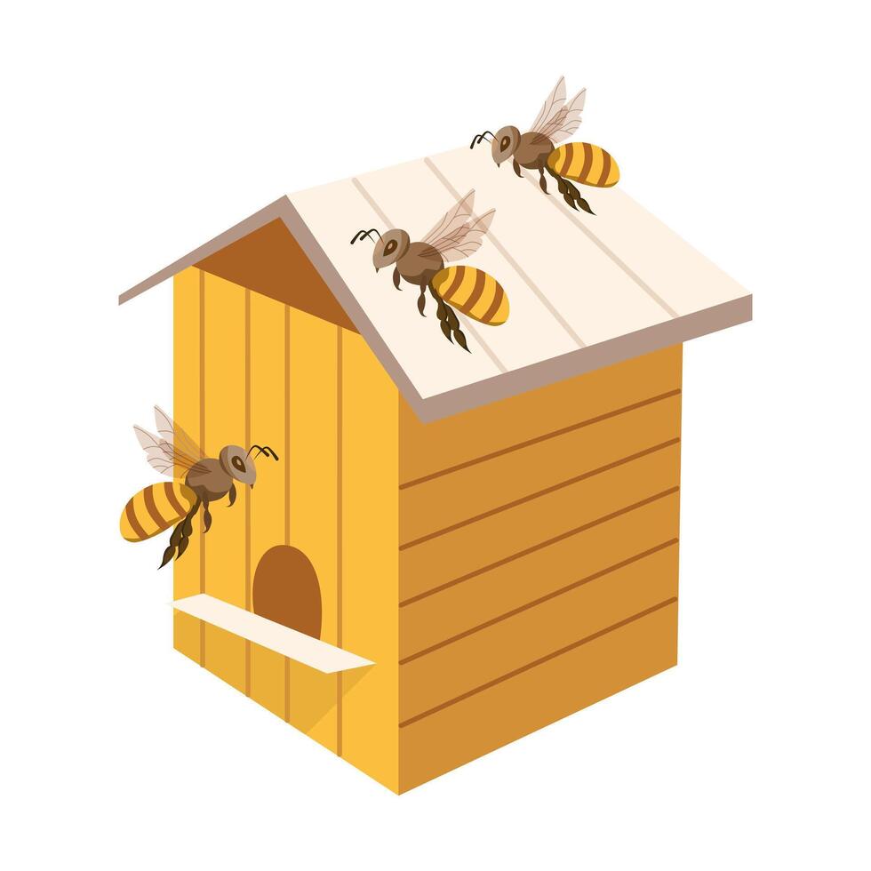 Wooden beehive and funny bees on a background of honeycombs. Illustration, print, vector