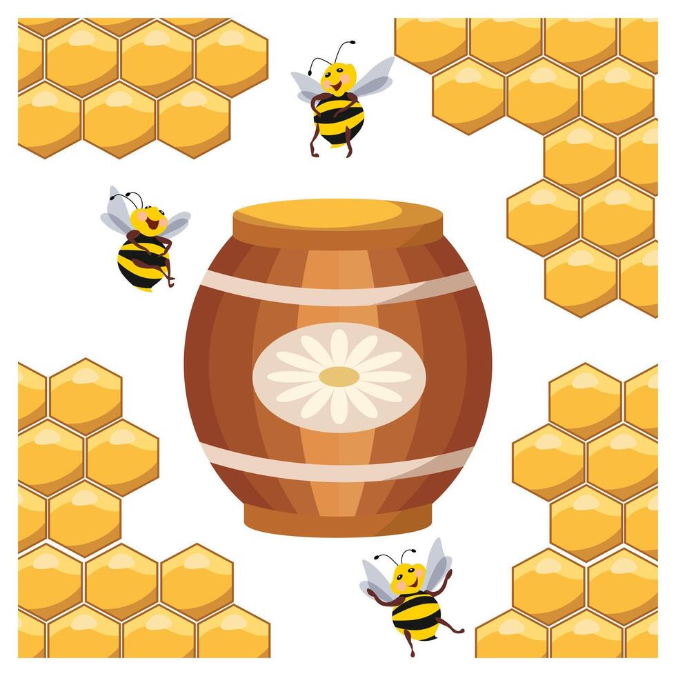 Wooden barrel with honey and funny bees on the background of honeycombs. Illustration, print, vector