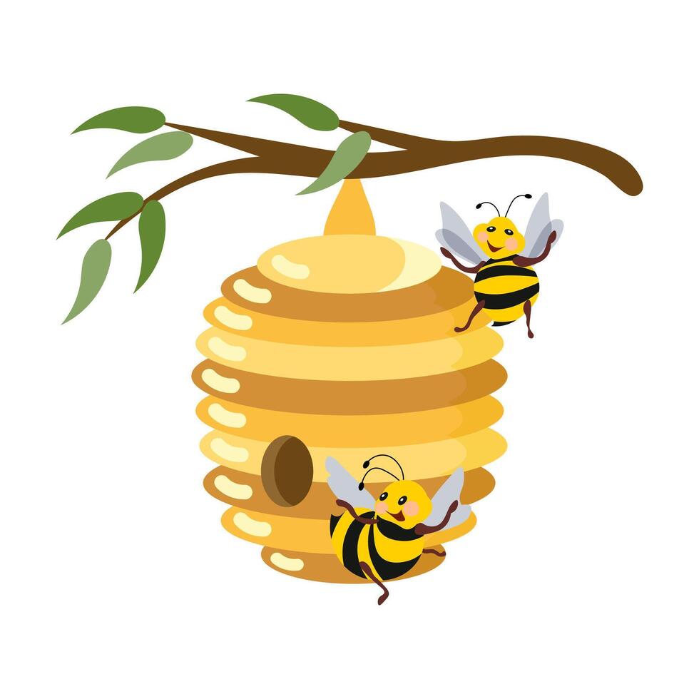A beehive on a branch and funny bees. Illustration, print, vector