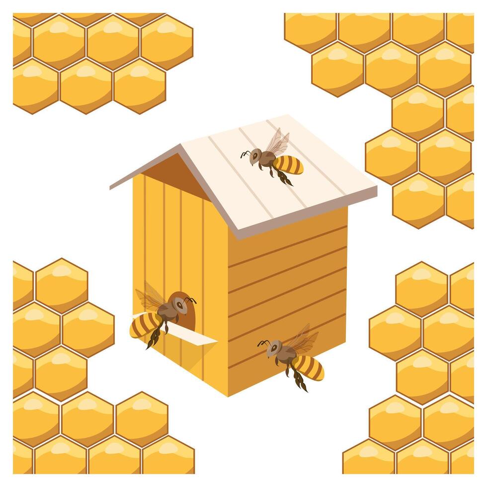 de madera Colmena y gracioso abejas en un antecedentes de panales ilustración, imprimir, vector