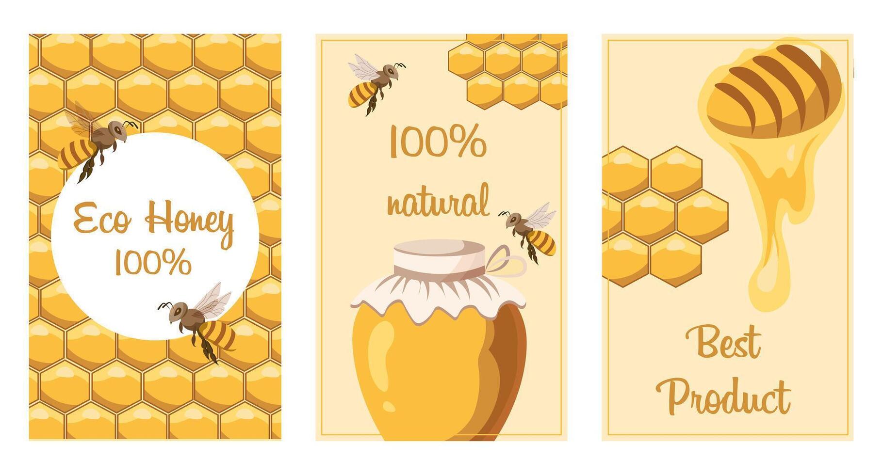 Set of posters with honey, the best natural product. Honey banners for menu, label and website design. Posters with bees, honeycombs and honey. Vector