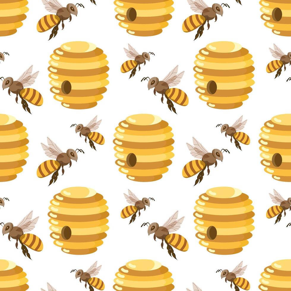 Seamless pattern, beehives with honey, bees and flowers. Background, print, vector