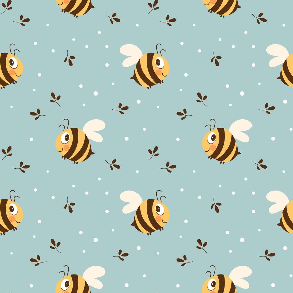 Seamless pattern with cute bee and chamomile flowers on a pastel background. Vector