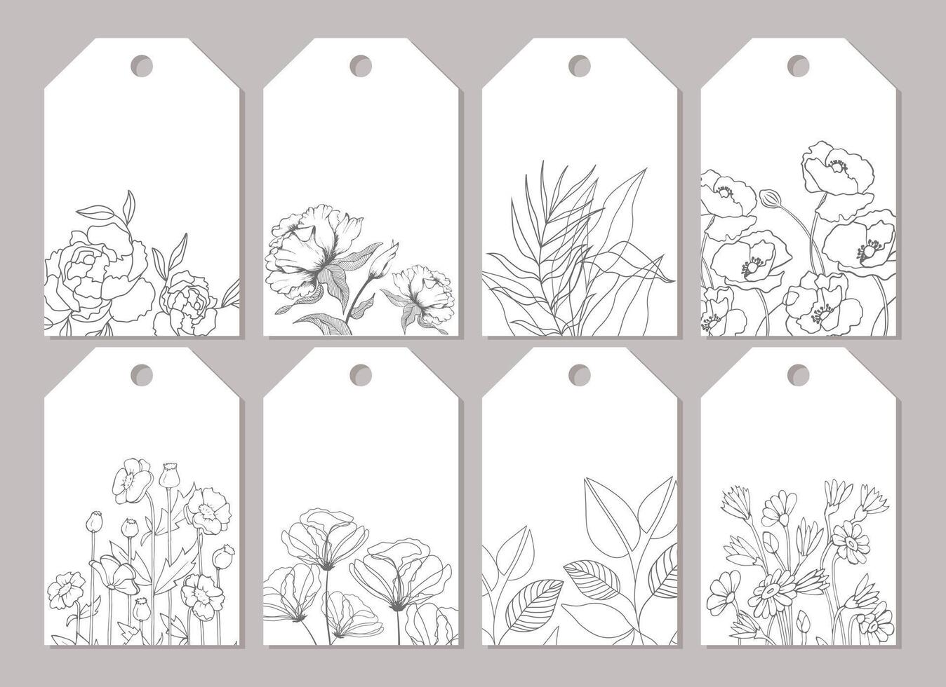 conjunto de etiquetas, pegatinas, carteles, tarjetas de felicitación con flores silvestres y plantas. vector