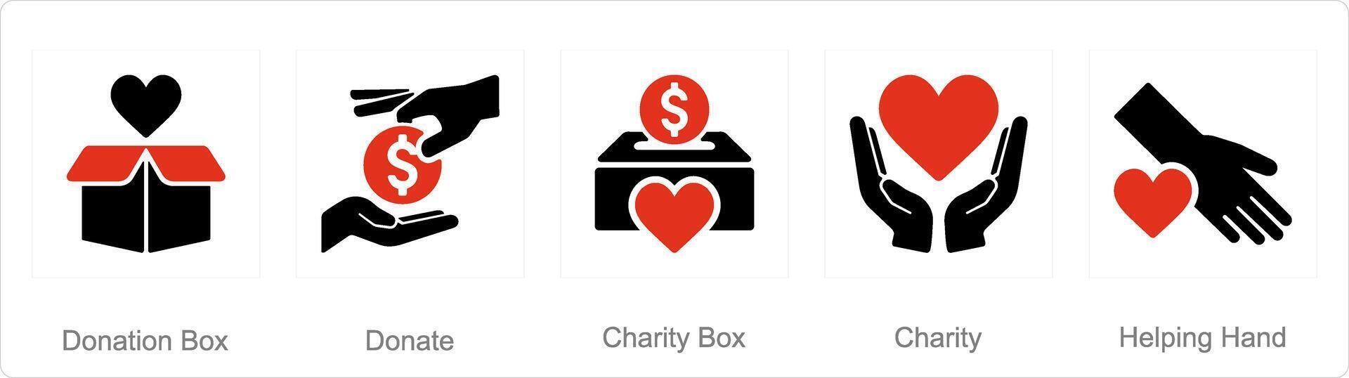 A set of 5 Charity and donation icons as donation box, donate, charity box vector
