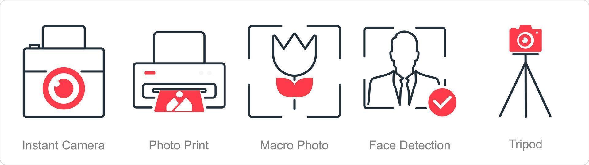 A set of 5 Photography icons as instant camera, photo print, macro photo vector
