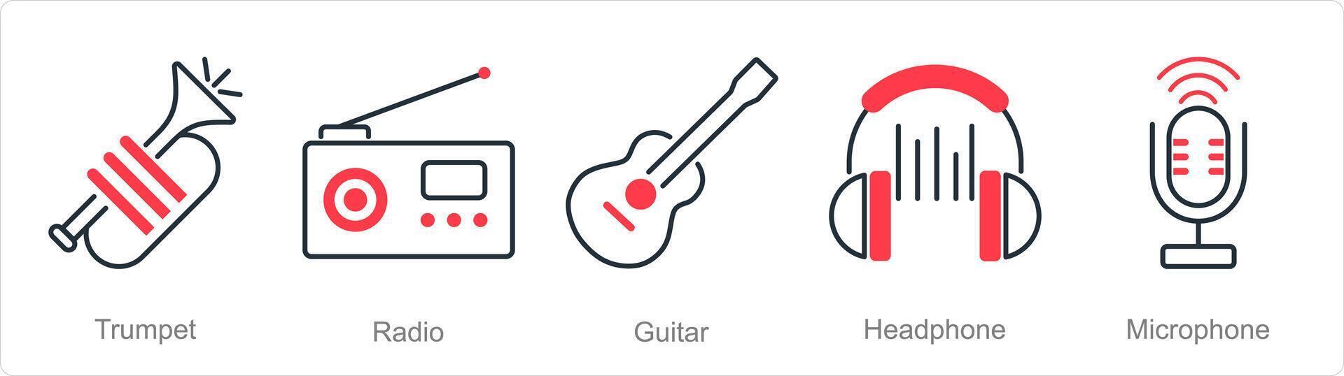 A set of 5 Music icons as trumpet, radio, guitar vector