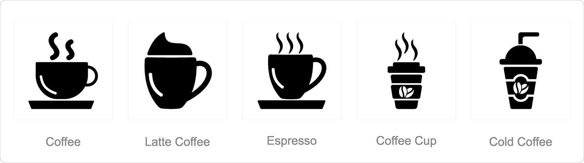 A set of 5 Coffee icons as coffee, latte coffee, espresso vector