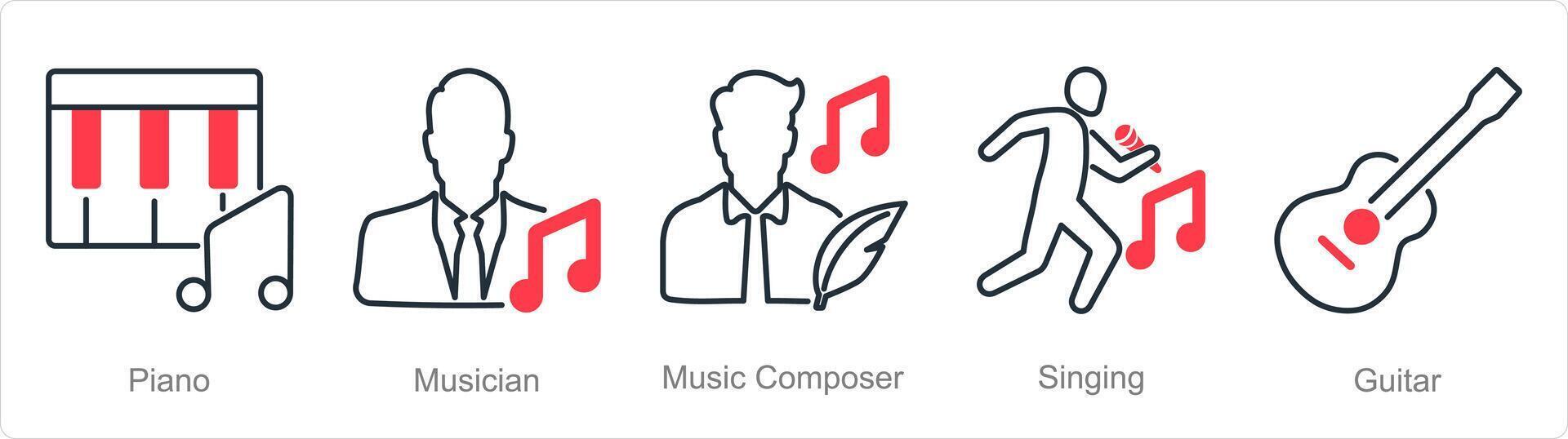 A set of 5 Music icons as piano, musician, music composer vector