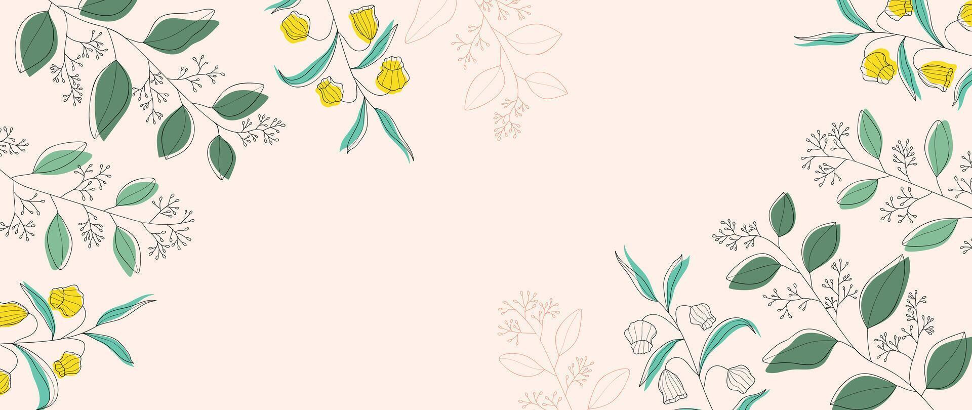 Abstract floral art background vector. Botanical hand drawn flower, foliage line art. Design illustration for wallpaper, banner, print, poster, cover, greeting, invitation, package. vector