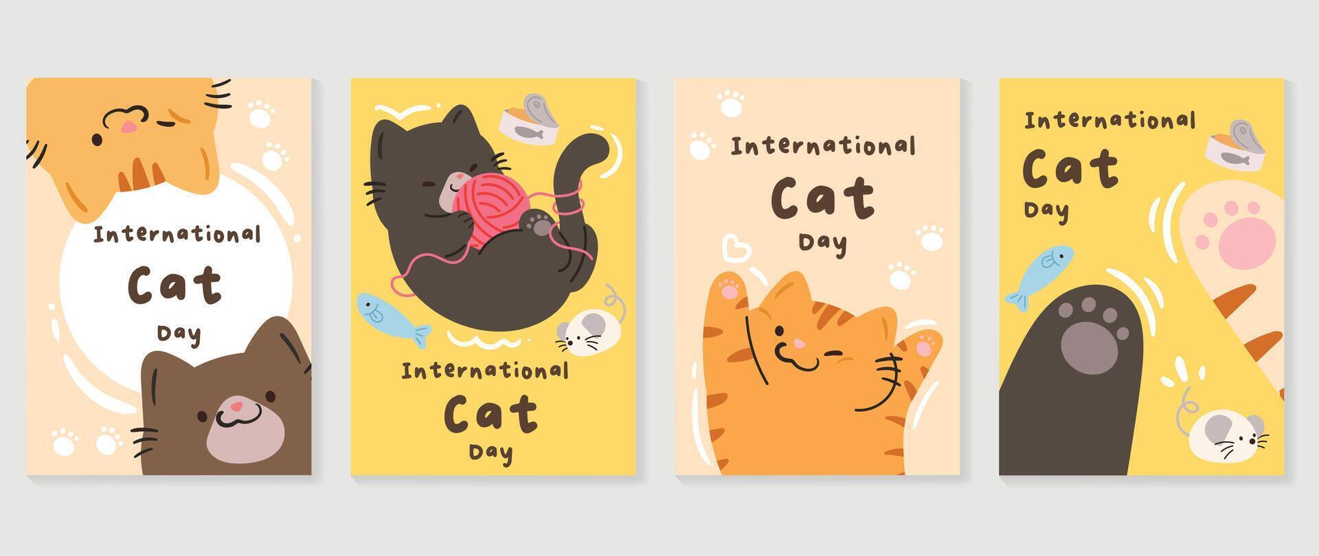 Happy international cat day cover set. Cute cats and funny kitten, paw foot design collection with flat color in different poses.  Adorable pet animals illustration for international cat day. vector