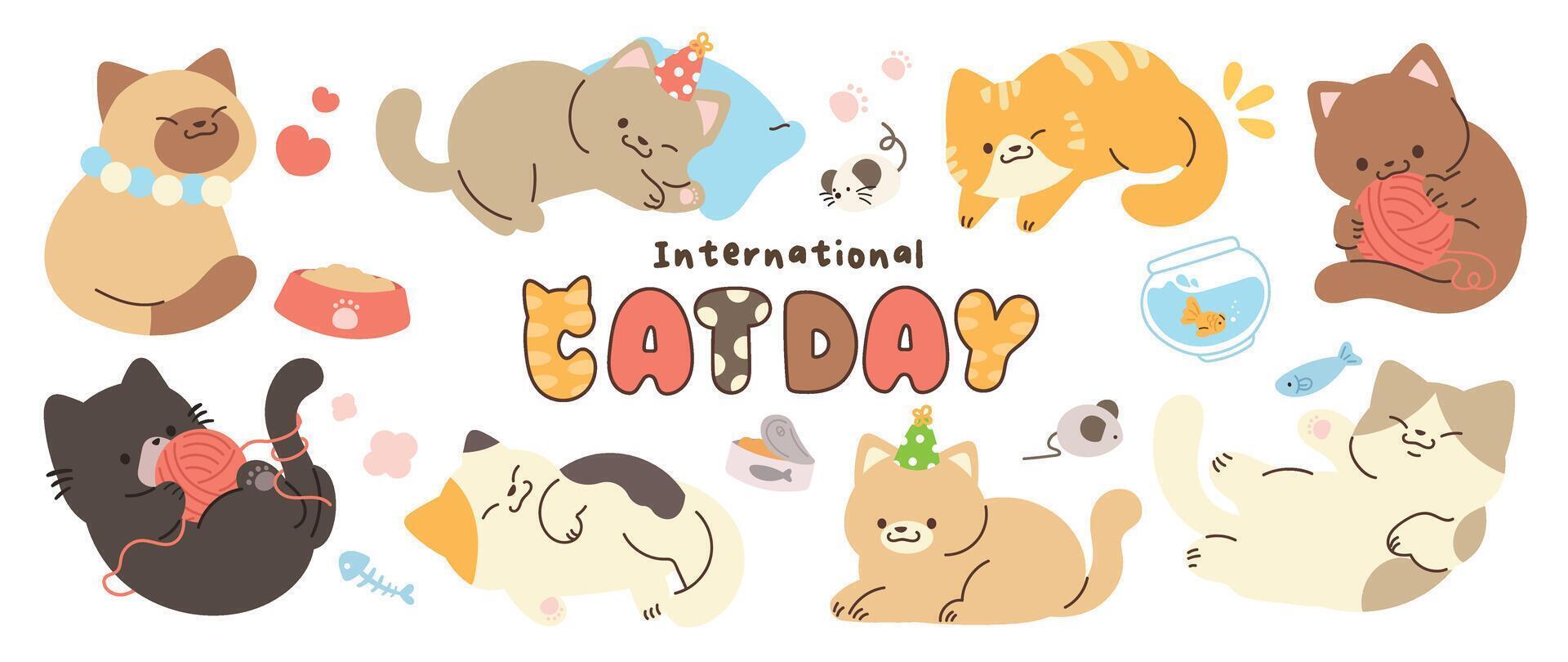 Cute cats and funny kitten doodle element vector. Happy international cat day characters design collection with flat color in different poses. Set of adorable pet animals isolated on white background. vector