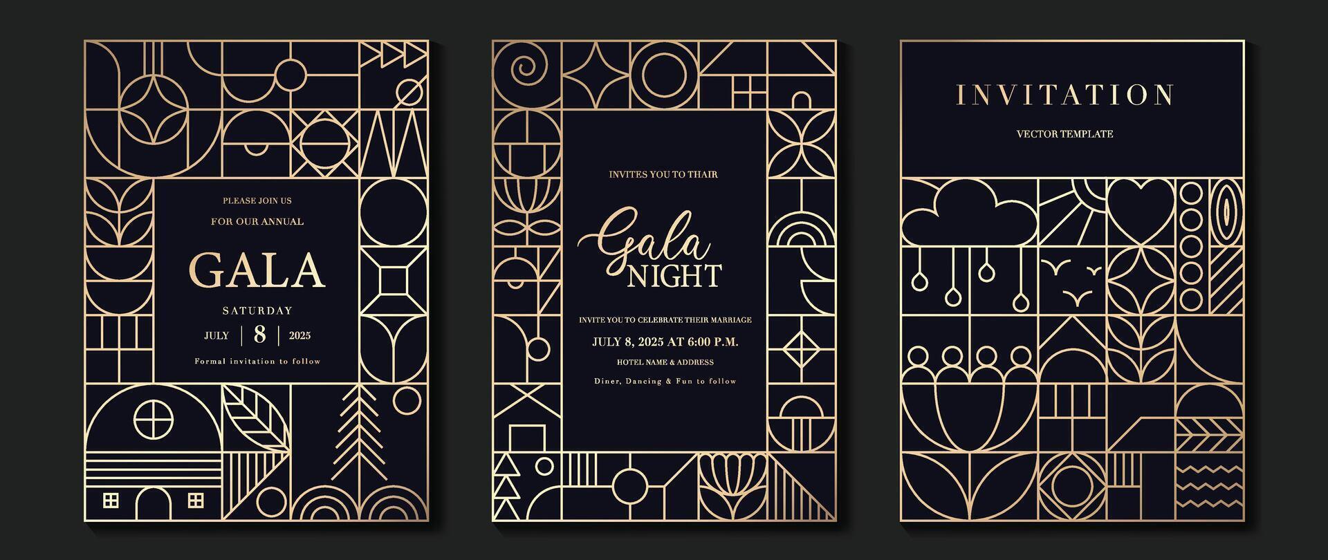 Luxury invitation card background vector. Elegant classic antique design, gold lines gradient on dark blue background. Premium design illustration for gala card, grand opening, art deco. vector