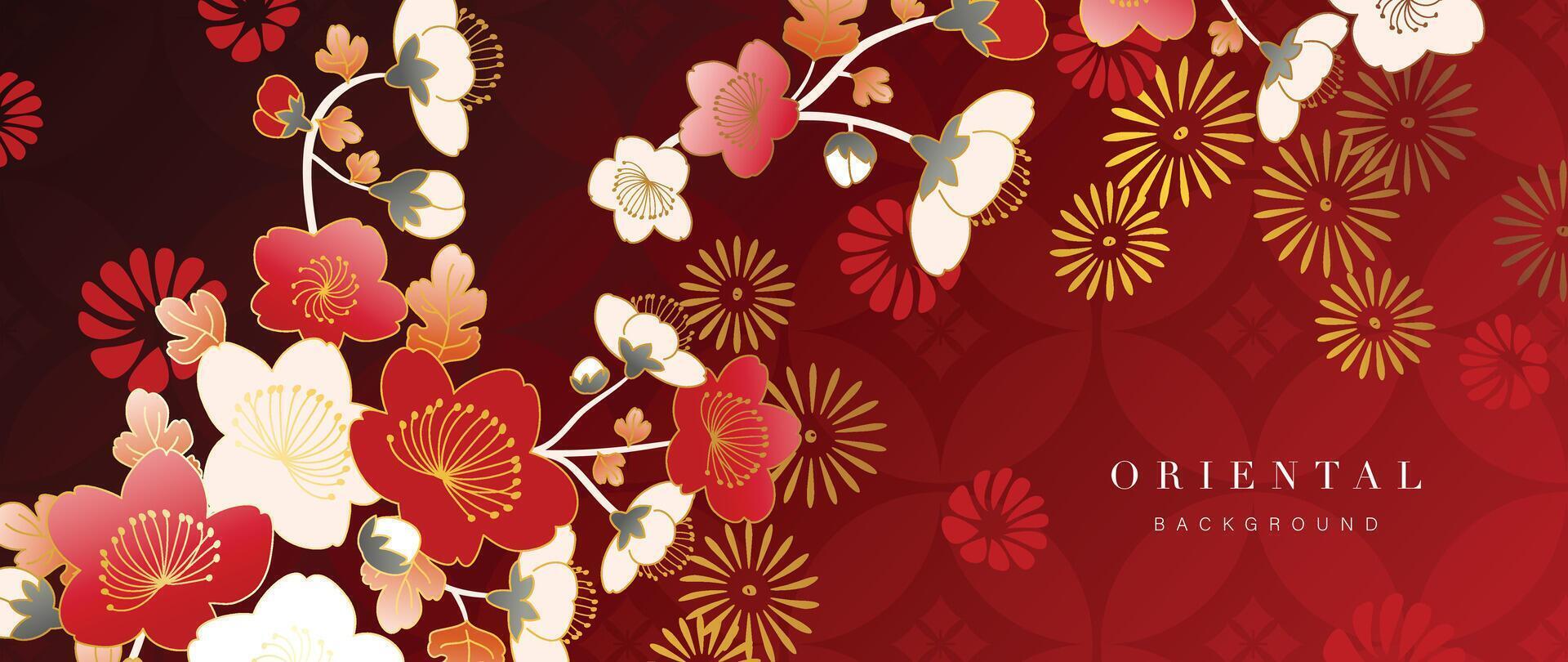 Luxury gold oriental style background vector. Chinese and Japanese wallpaper pattern design of elegant flower and firework with gold line texture. Design illustration for decoration, wall decor. vector