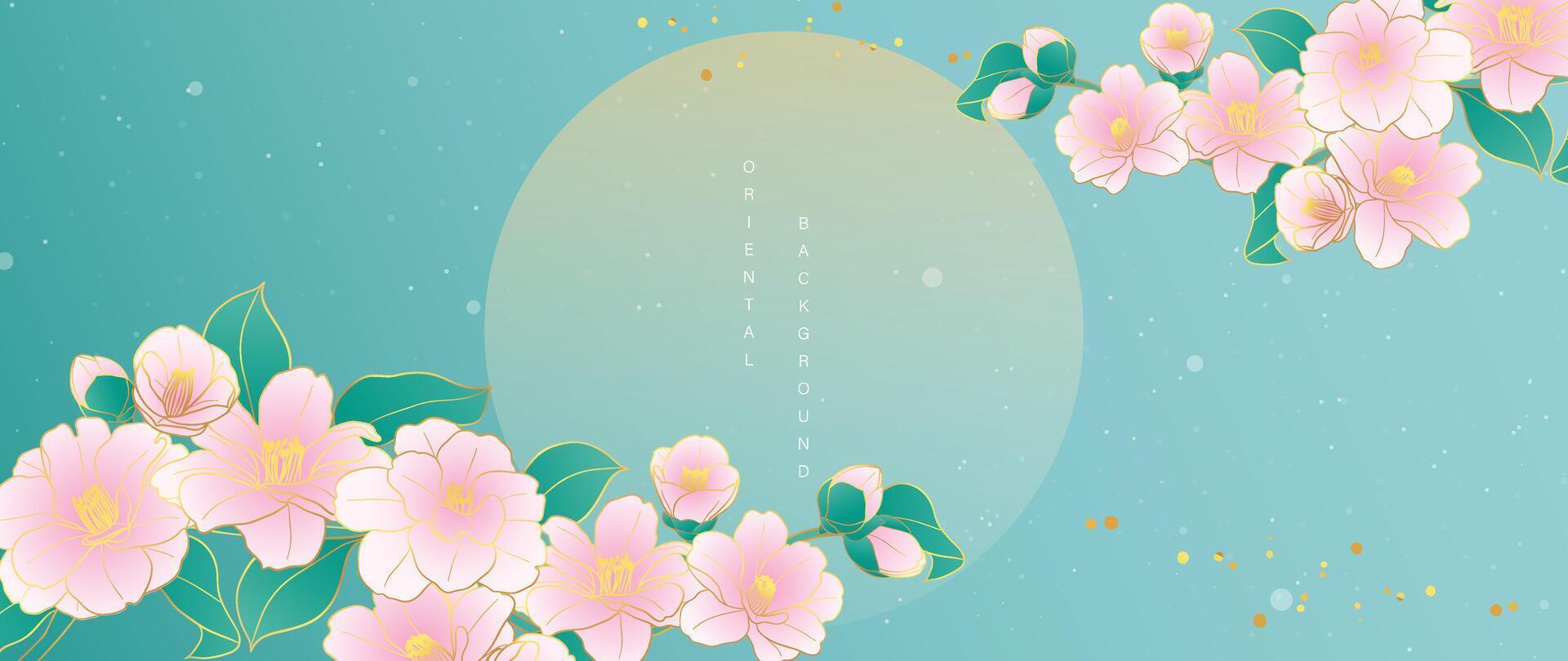 lujo oro oriental estilo antecedentes vector. chino y japonés fondo de pantalla modelo diseño de elegante flor y Luna con oro línea textura. diseño ilustración para decoración, pared decoración. vector