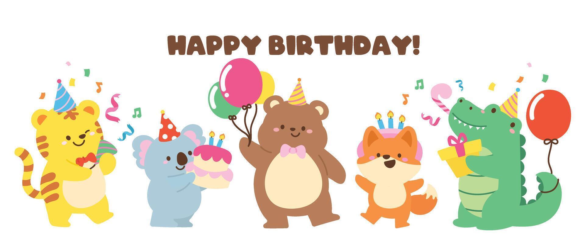 Happy birthday concept animal vector set. Collection of adorable wildlife, tiger, koala bear, fox, crocodile. Birthday party funny animal character illustration for greeting card, kids, education.
