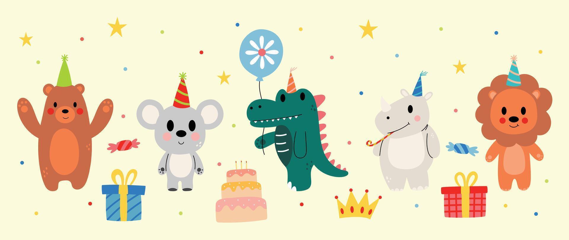 Happy birthday concept animal vector set. Collection of adorable wildlife, bear, rat, crocodile, rhinoceros, lion. Birthday party funny animal character illustration for greeting card, kid, education.
